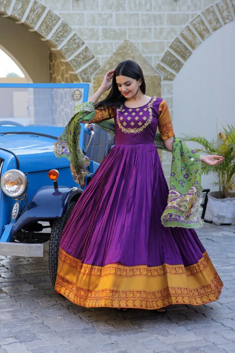Aastha Fashion Women's Purple Silk Jacquard Woven with Embroidery Anarkali Dress with Dupatta - Distacart