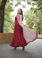 Thumbnail for Aastha Fashion Women's Maroon Designer Rayon Gown with Crochet Embroidery Work Shrug - Distacart