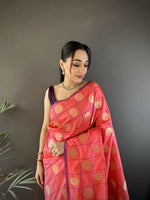 Thumbnail for Joban Fashion Pink Checked & Circular Motifs Soft Silk Banarasi Saree - Distacart