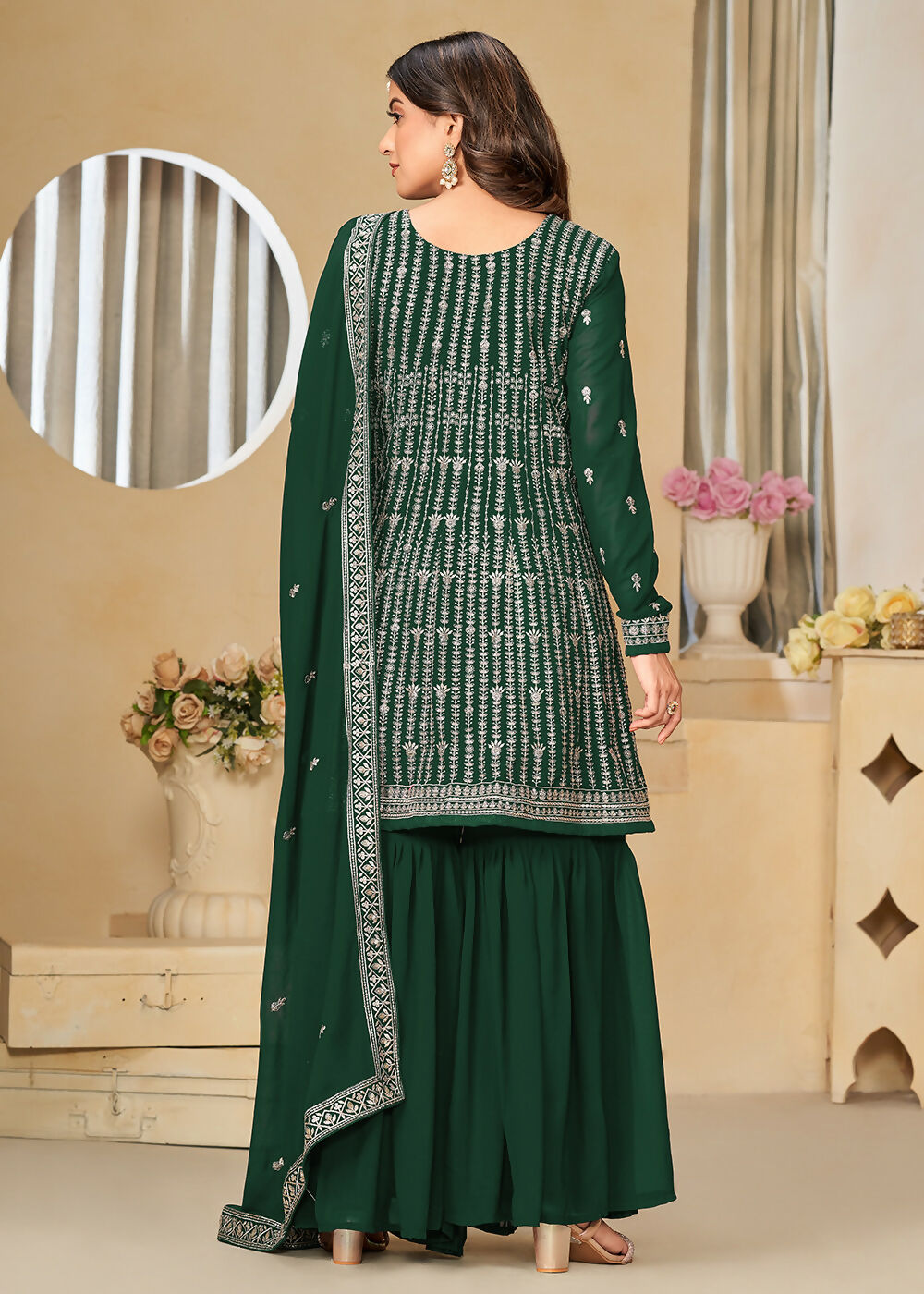 Faux Georgette Green Embroidered Gharara Style Suit - Emponline - Distacart