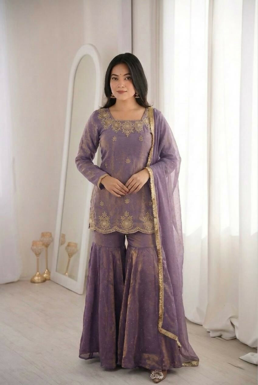 Teeya Creation Womens New Fancy Embroidery Sequence Work With Zarkan Diamond Work Kurta Set - Dista