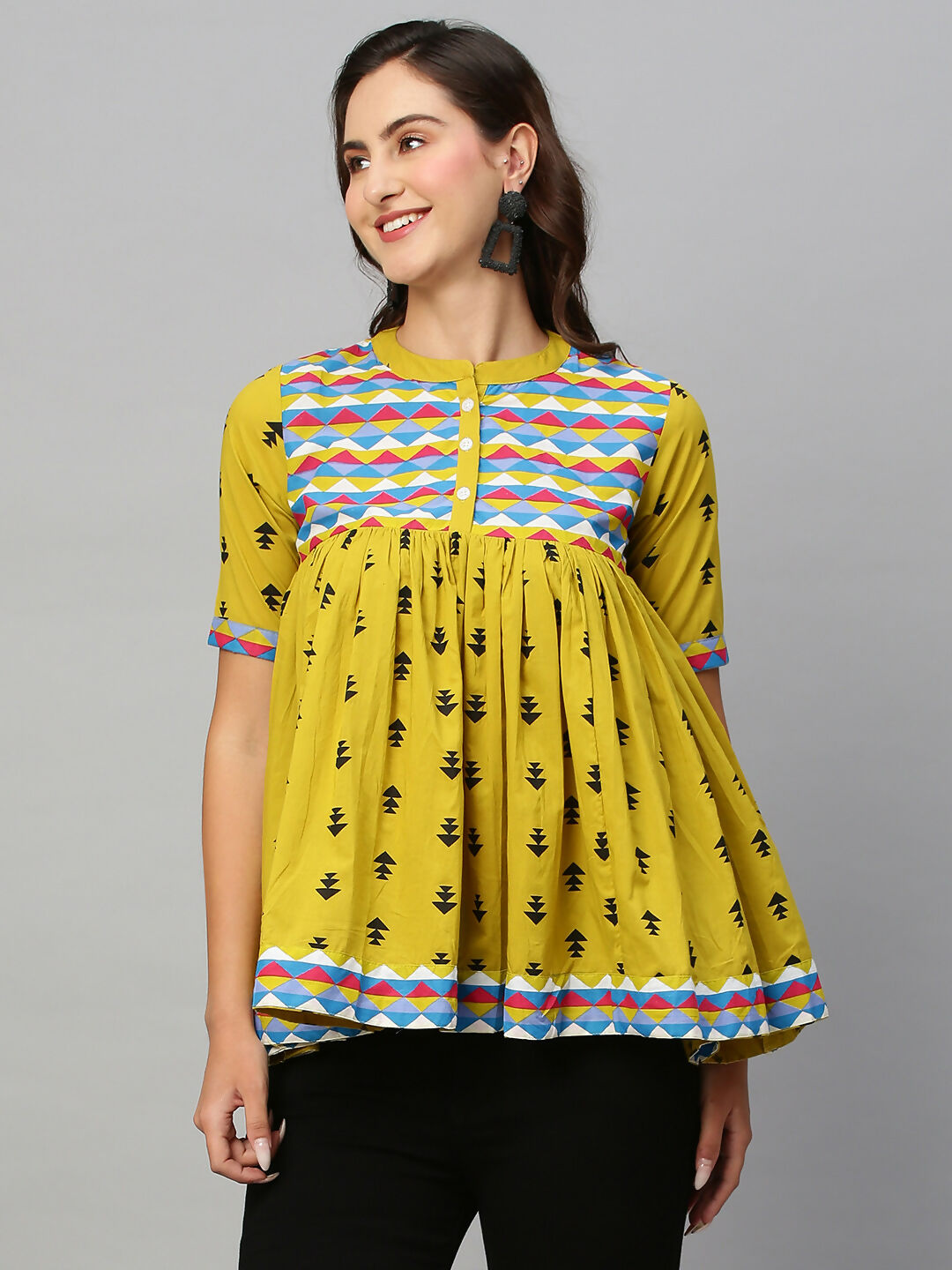 Olive Green & Black Pure Cotton Printed A-Line Top - Bosky - Distacart