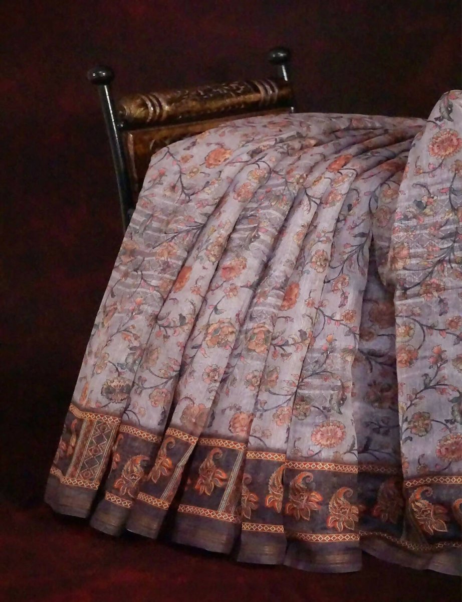 Baby Brown Mix With Pink Floral Design Printed Semi Chanderi Saree By Gayathri Reddy Designer Studio - Distacart