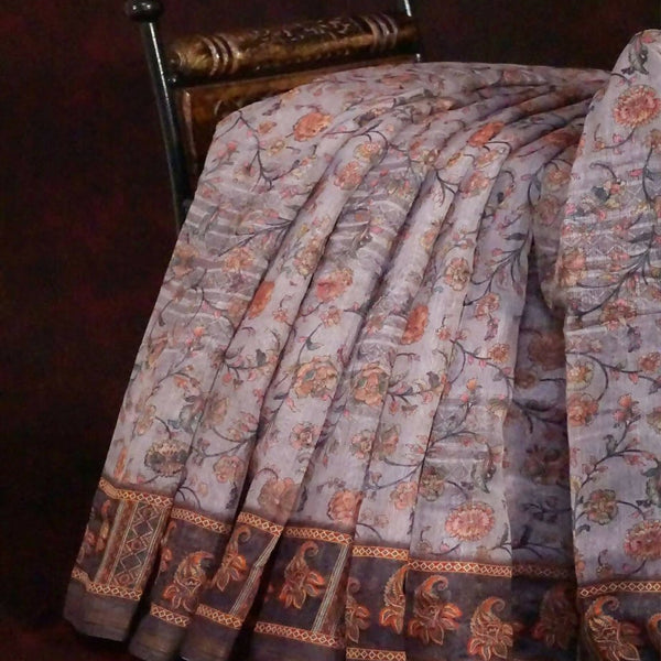 Baby Brown Mix With Pink Floral Design Printed Semi Chanderi Saree By Gayathri Reddy Designer Studio - Distacart