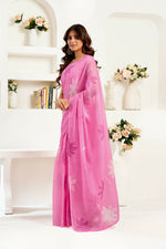 Thumbnail for Joban Fashion Pink Floral Linen Ready To Wear Saree With Unstitched Blouse - Distacart