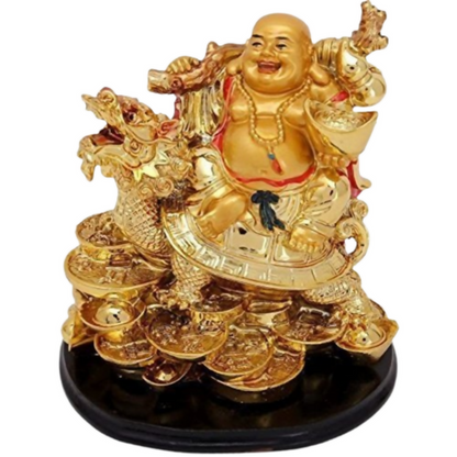 GJ Golden Laughing Buddha with Dragon & Coins Statue - Dista
