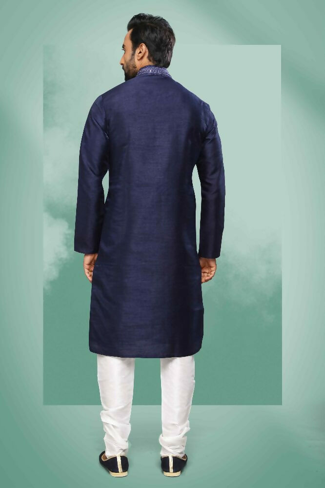 Raivat Ethnic Art Silk Mirror Embroidery Work Kurta Pajama In Blue Colour - Dista