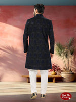 Thumbnail for Joban Fashion Men's Blue Base Straight Velvet Thread And Sequence Embroidary All Over Indo-Western Kurta Set - Distacart