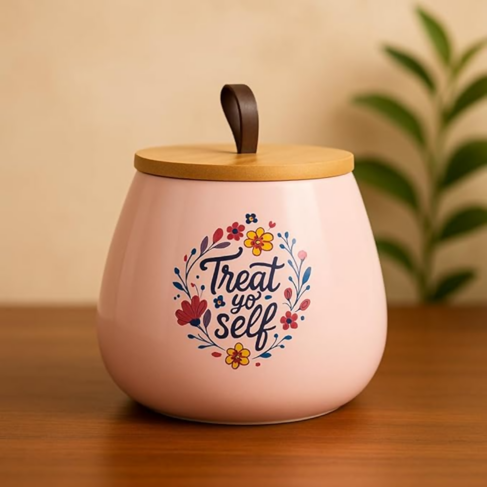 Chumbak Pink Ceramic Storage Jar with Wooden Lid - Dista