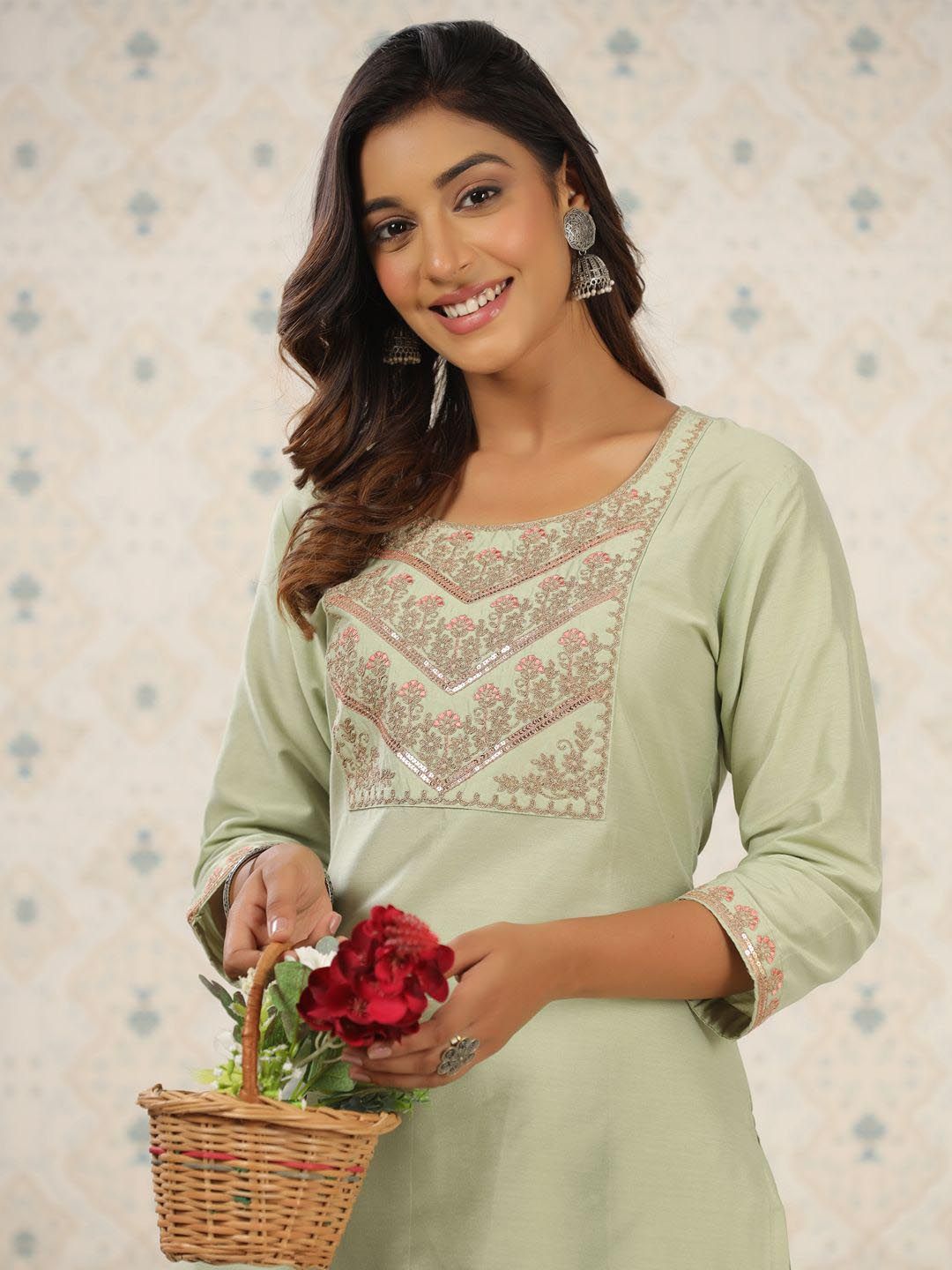 Ode by House of Pataudi Women Floral Embroidered Flared Sleeves Mirror Work Kurta - Distacart