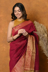 Thumbnail for Very Much Indian Handloom Pure Cotton Linen Saree With Golden Border - Maroon - Distacart