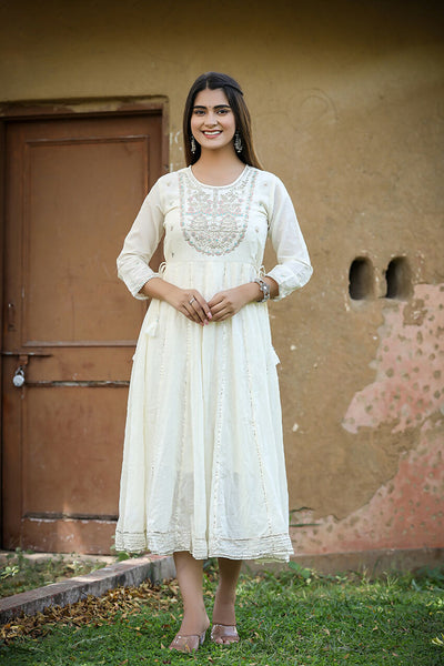 Kaajh Women's White Floral Embroidered Cotton Ethnic Dress - Distacart