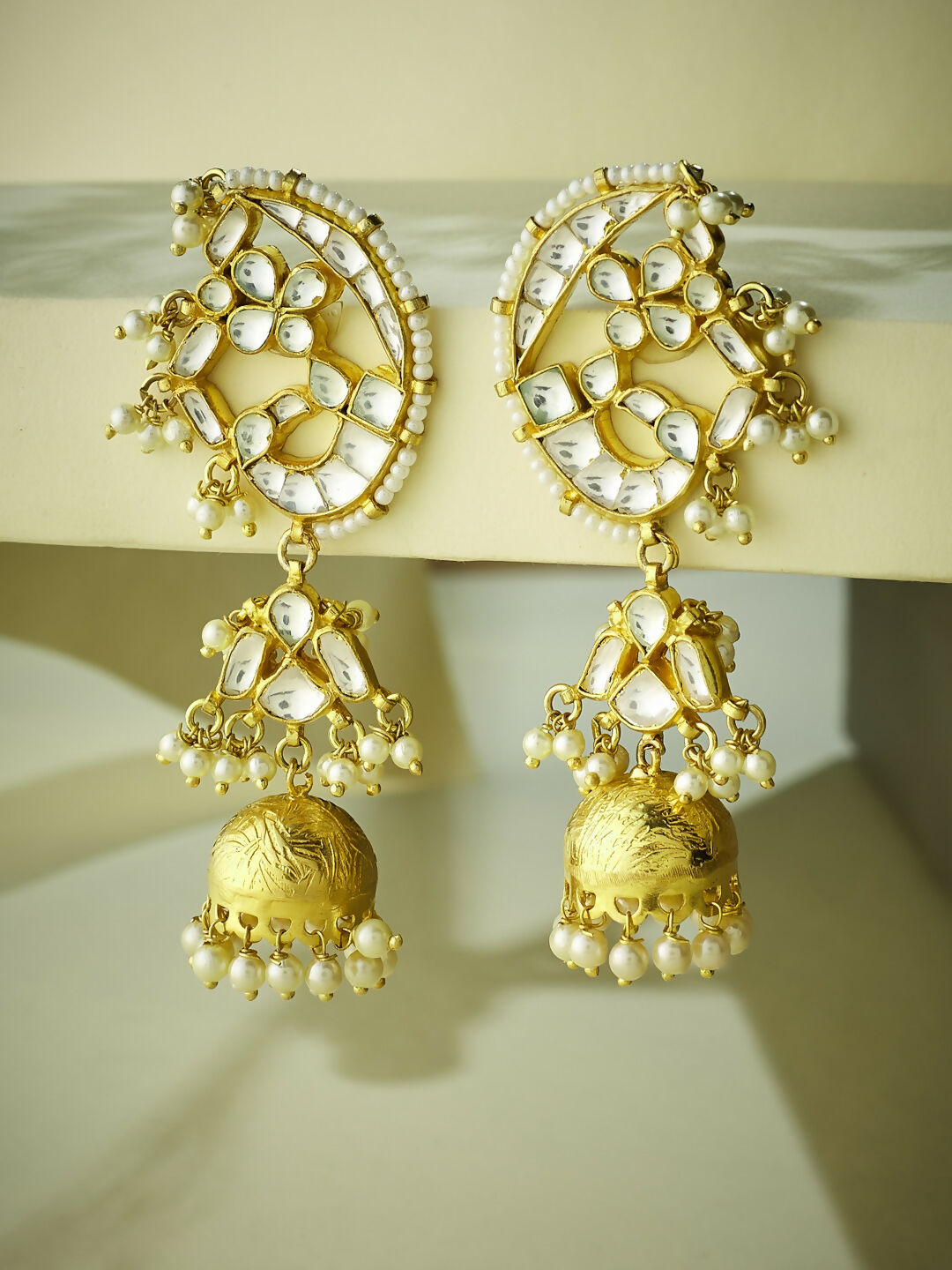 Nuyug 22K Gold-Plated Elegant Kundan Stone Studded & Pearl Drops Mini Jhumki Dangler Earrings