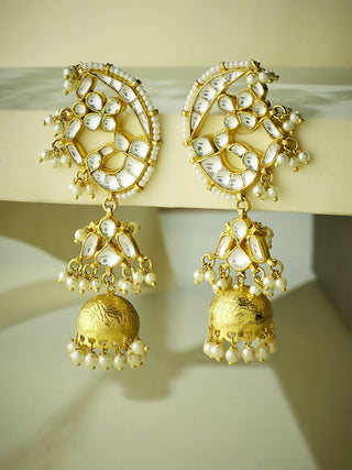 Nuyug 22K Gold-Plated Elegant Kundan Stone Studded & Pearl Drops Mini Jhumki Dangler Earrings