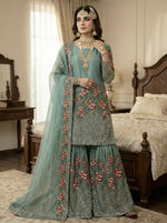 Thumbnail for Teeya Creation Teal Fendy Silk Heavy Embroidery Work Party Wear Sharara Suit - Distacart