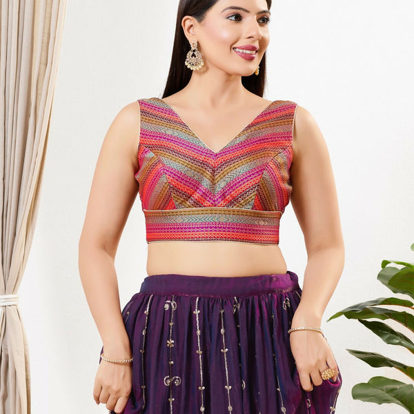 Joban Fashion Magenta Multi Brocade Padded Blouse With V Neck Sleeveless