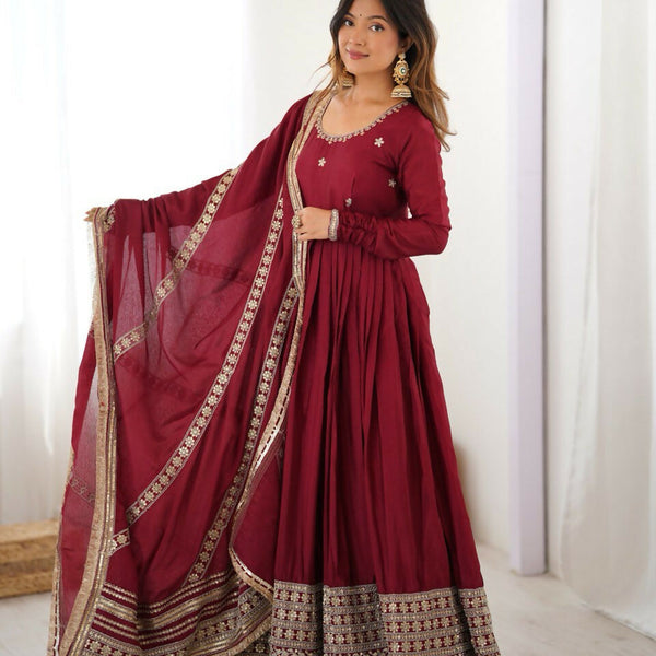 The52 Women's Gorgeous Chinon Silk Fabric Embroidery Work Flared Anarkali Pant and Dupatta Set - Distacart