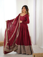 Thumbnail for The52 Women's Gorgeous Chinon Silk Fabric Embroidery Work Flared Anarkali Pant and Dupatta Set - Distacart