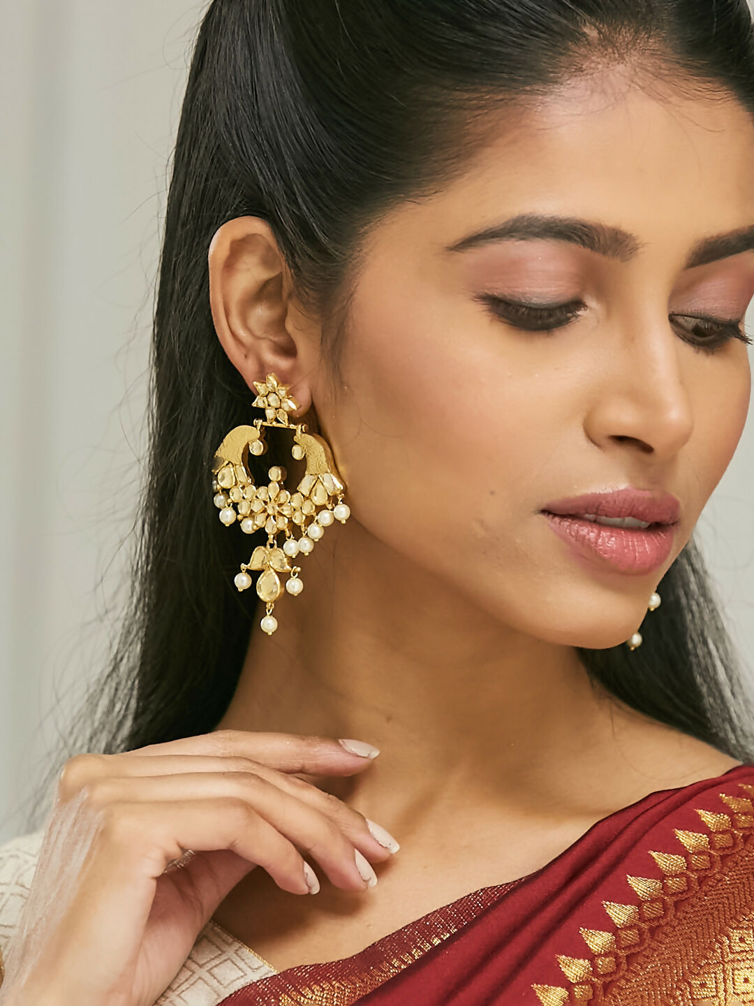 Nuyug 22K Gold-Plated Kundan and Pearl Earrings with Floral Stud and Intricate Crescent Design Chandbalis