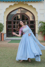 Thumbnail for Aastha Fashion Sky Faux Georgette Printed Gown With Pant - Distacart