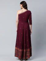 Thumbnail for Ahalyaa Women Burgundy & Gold-Toned Ethnic Motifs One Shoulder Ethnic Maxi Dress - Distacart