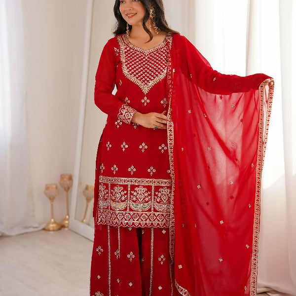 Teeya Creation Red Color Faux Georgette Heavy Embroidery Work Functional Wear Palazzo Set - Distacart