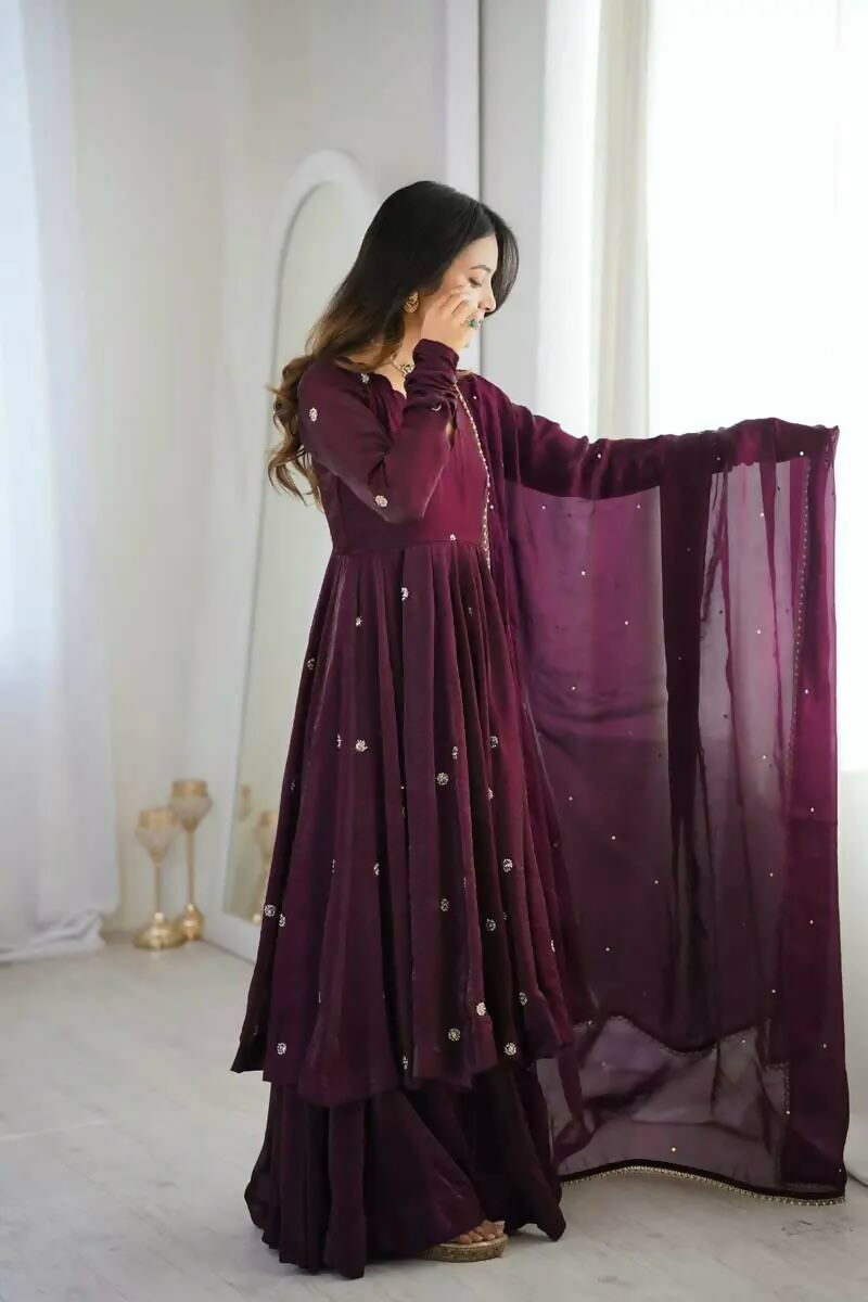 Teeya Creation Violet Crunchy Silk Embroidery Work Designer Suit - Distacart