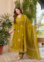 Thumbnail for Jaimini Women Cotton Printed V-Neck 3/4 Sleeves Calf Length Flared Kurta Pant And Dupatta Set - Dista