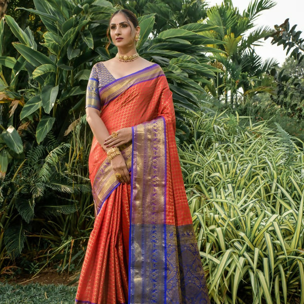 Jyoti Fashion Women's Orange Kanjivaram Silk Zari Woven Saree with Blouse - Distacart
