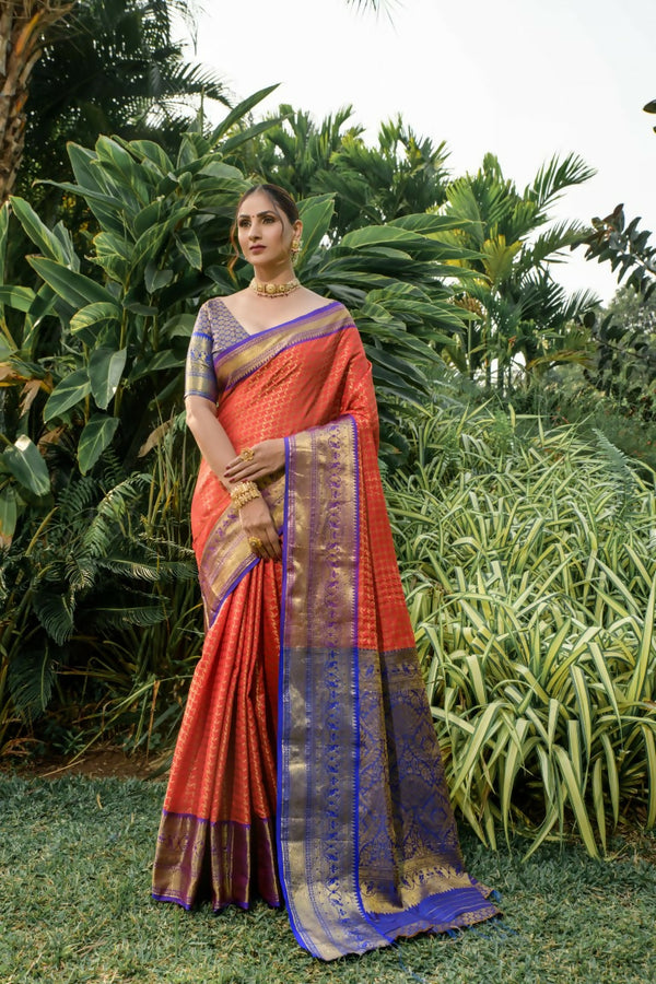 Jyoti Fashion Women's Orange Kanjivaram Silk Zari Woven Saree with Blouse - Distacart