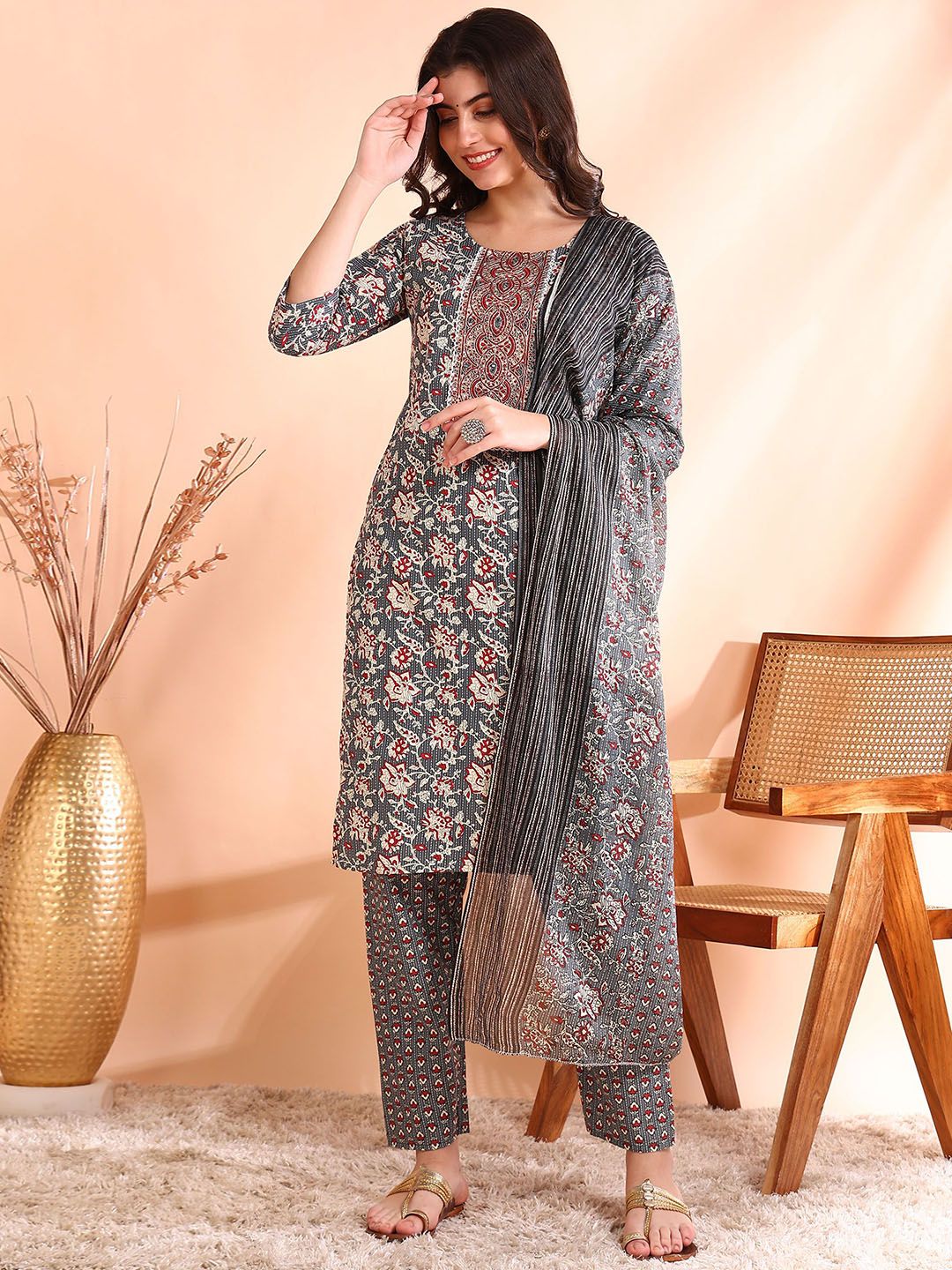 Ode by House of Pataudi Thread Work Pure Cotton Straight Kurta with Trousers & Dupatta - Distacart