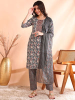Thumbnail for Ode by House of Pataudi Thread Work Pure Cotton Straight Kurta with Trousers & Dupatta - Distacart