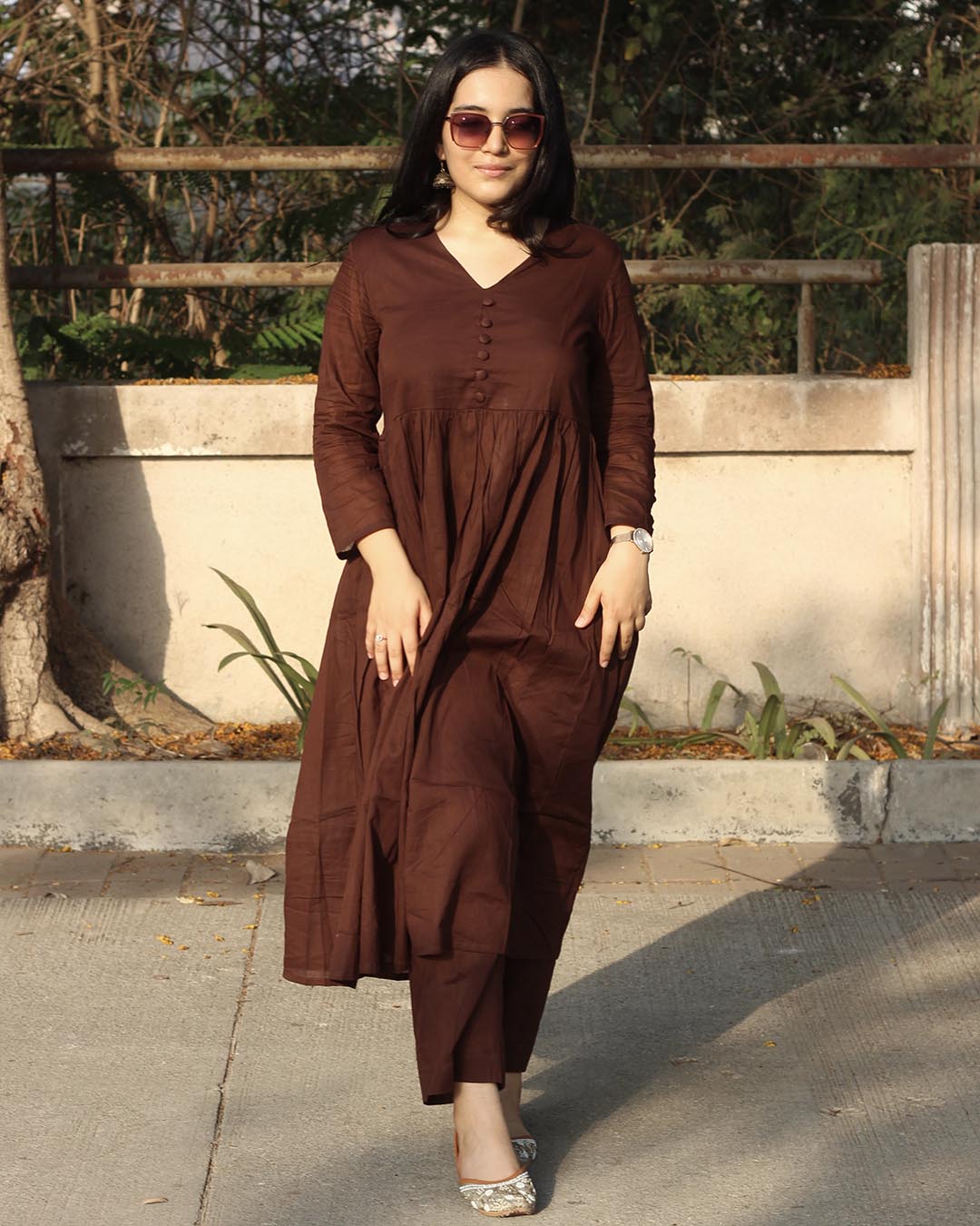 EGF Brown Rayon Solid A-Line Kurta With Palazzo - Dista