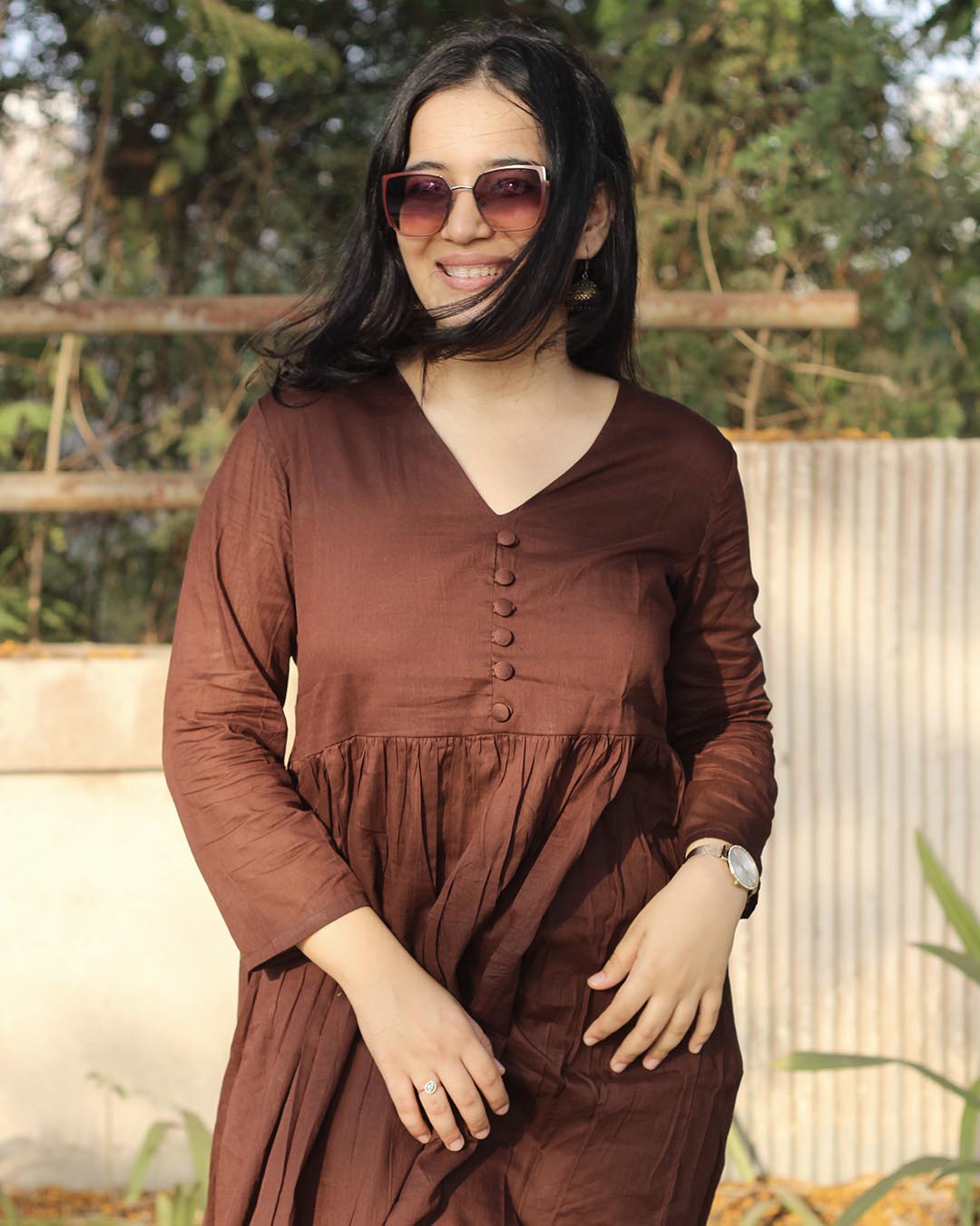 EGF Brown Rayon Solid A-Line Kurta With Palazzo - Dista