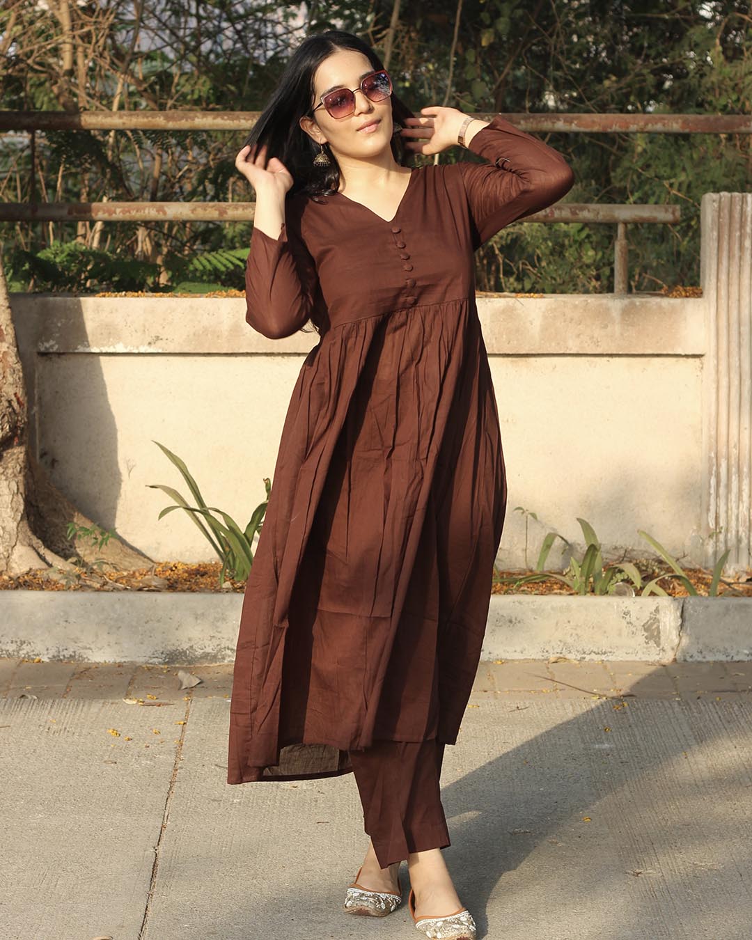 EGF Brown Rayon Solid A-Line Kurta With Palazzo - Dista