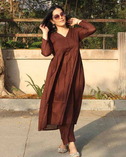 EGF Brown Rayon Solid A-Line Kurta With Palazzo - Dista
