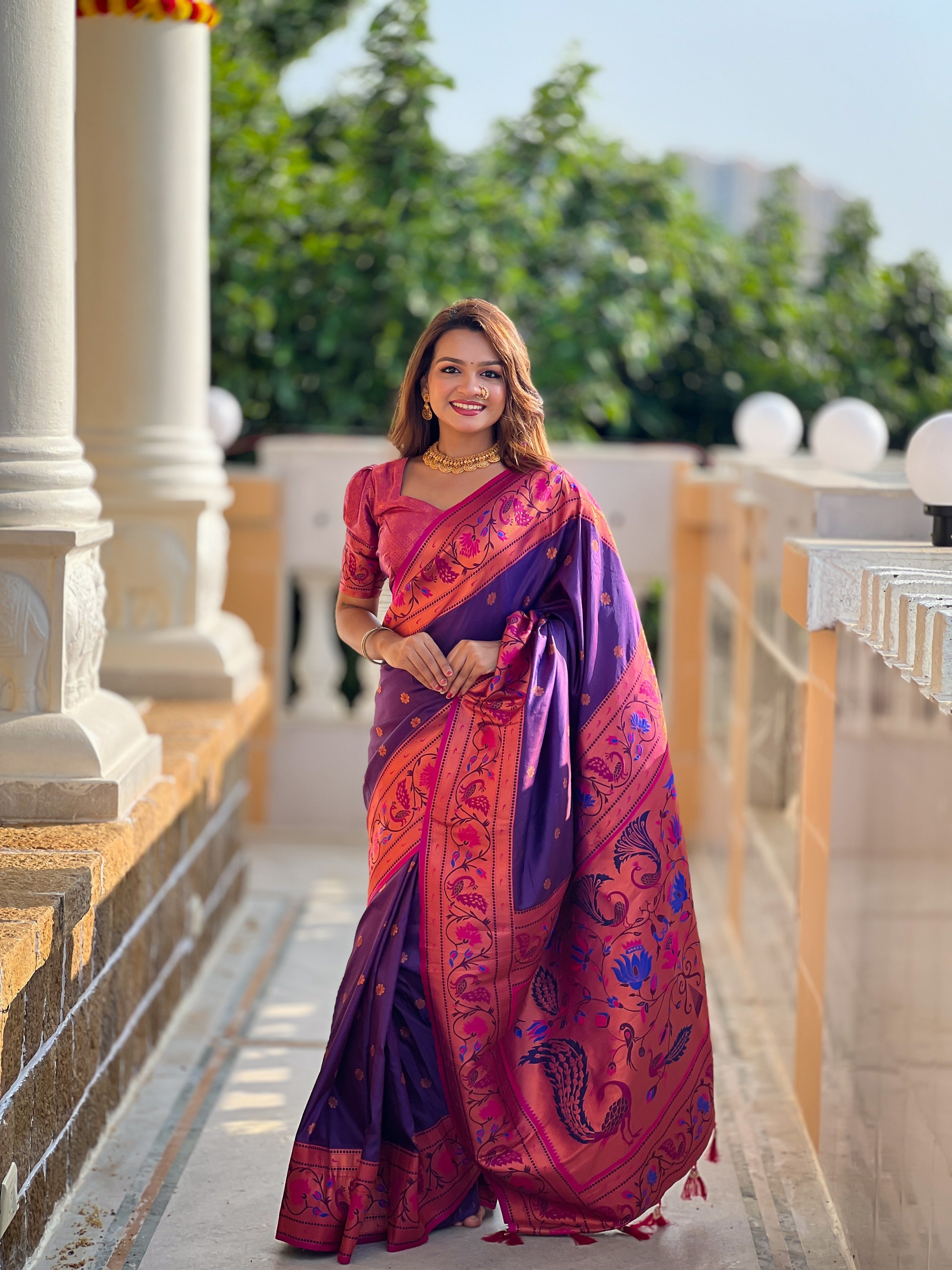 Vedant Vastram Soft Litchi Silk Paithani Jacquard Saree - Purple - Dista