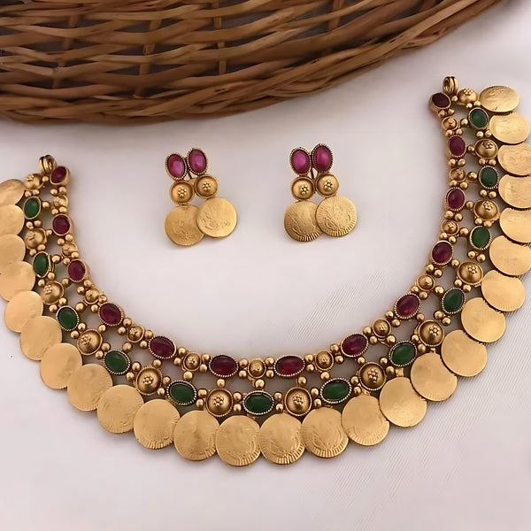 Jewel City Gold-Tone Coin Necklace Set with Emerald and Ruby Gemstones - Distacart