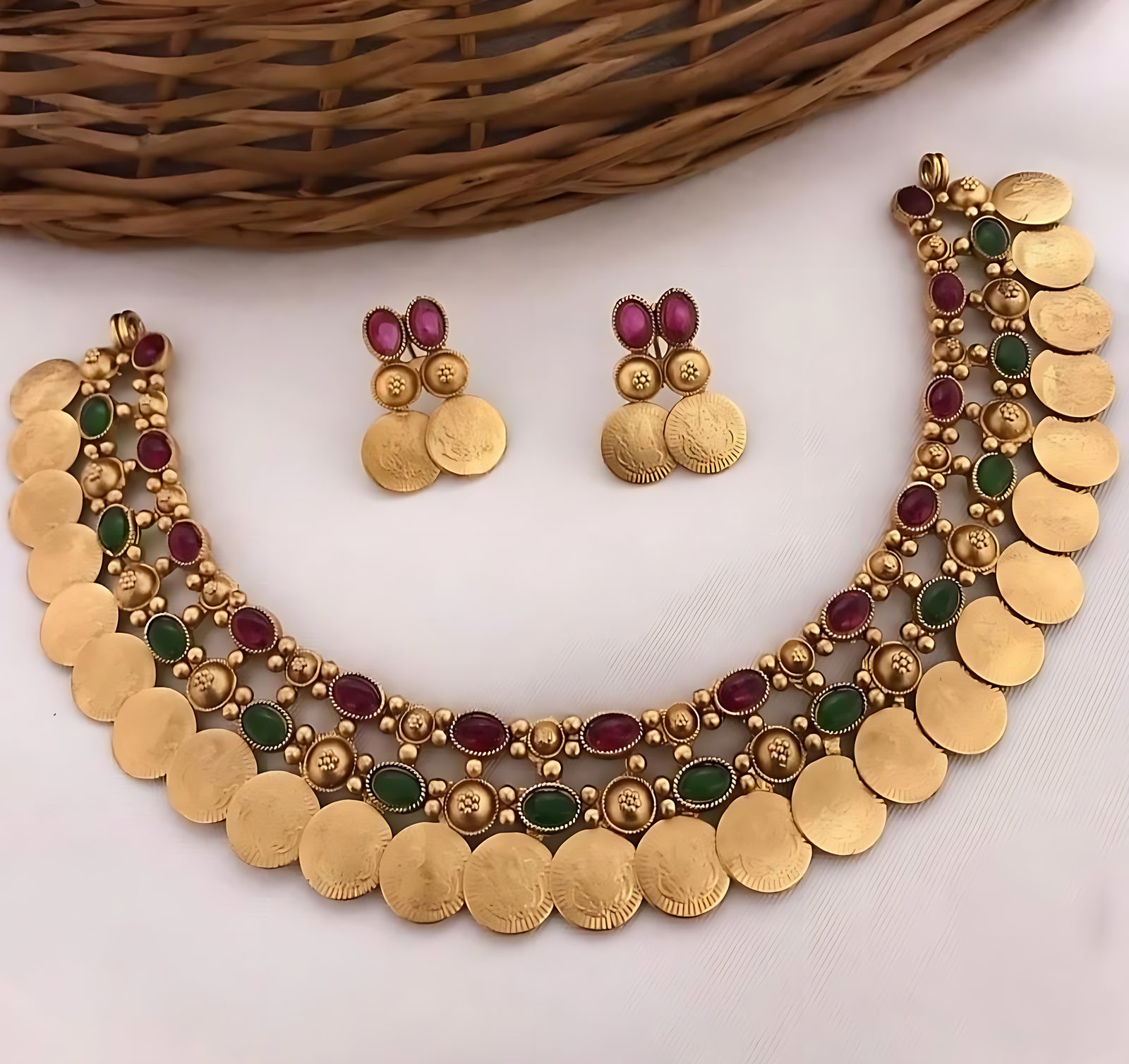 Jewel City Gold-Tone Coin Necklace Set with Emerald and Ruby Gemstones - Distacart