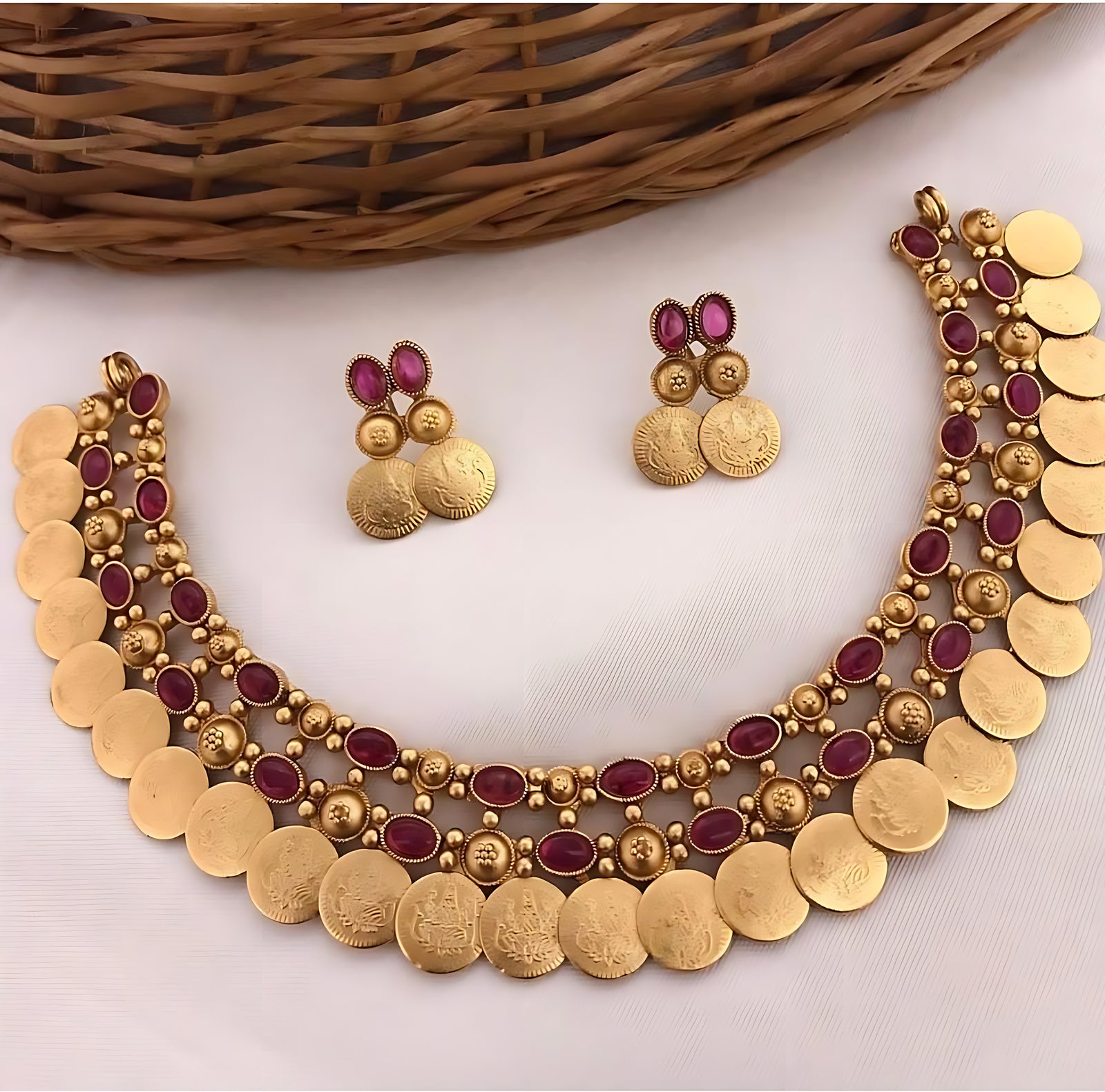 Jewel City Gold-Tone Coin Necklace Set with Emerald and Ruby Gemstones - Distacart