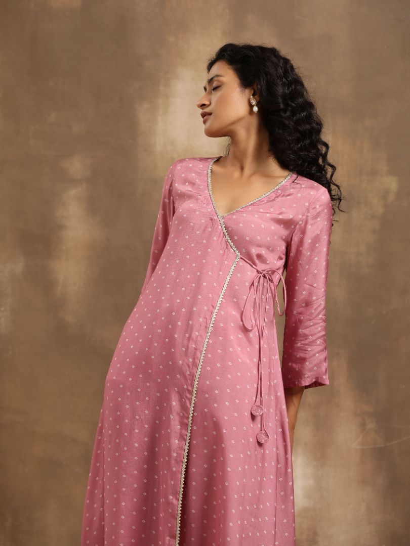 trueBrowns Light Mauve Bandhani Printed Silk Angrakha Kurta Pant Set - Distacart