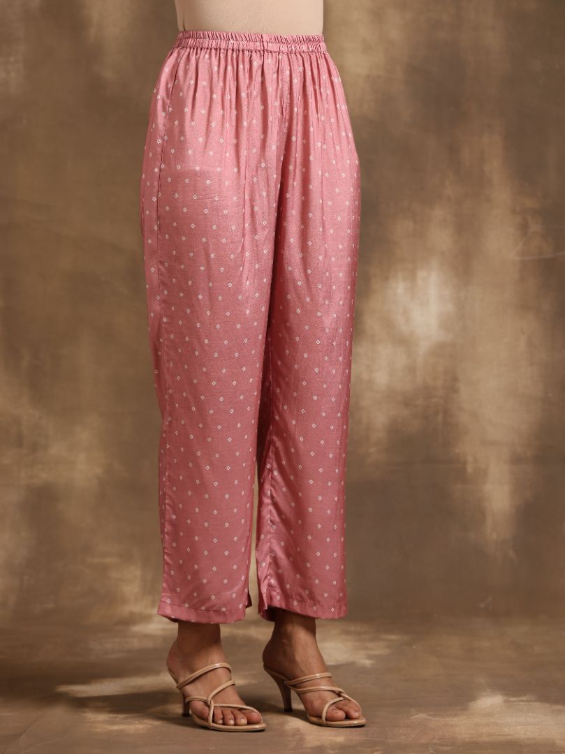 trueBrowns Light Mauve Bandhani Printed Silk Angrakha Kurta Pant Set - Distacart