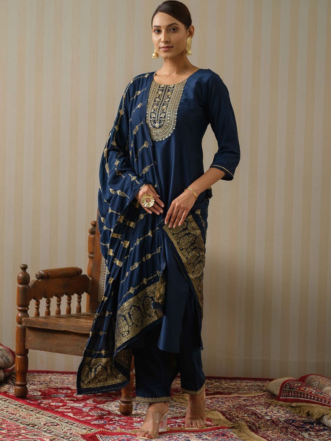 Ode by House of Pataudi Floral Yoke Design Silk Straight Kurta & Trousers With Dupatta - Distacart