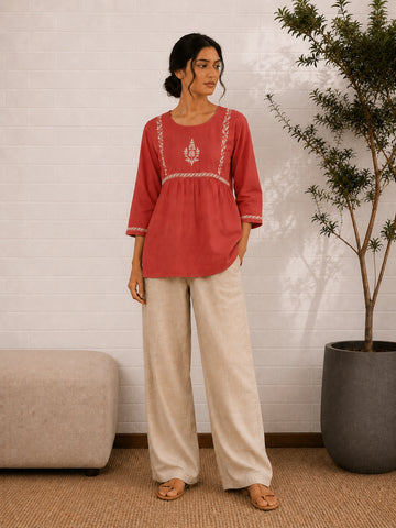 Gharana India Saheba Chikankari Red Cotton Top - Dista
