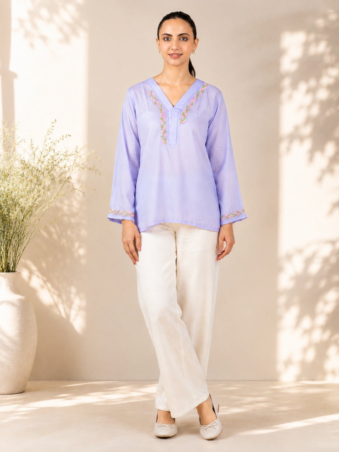Gharana India Modal Lavender Top With Chikankari In Coloured Thread - Dista