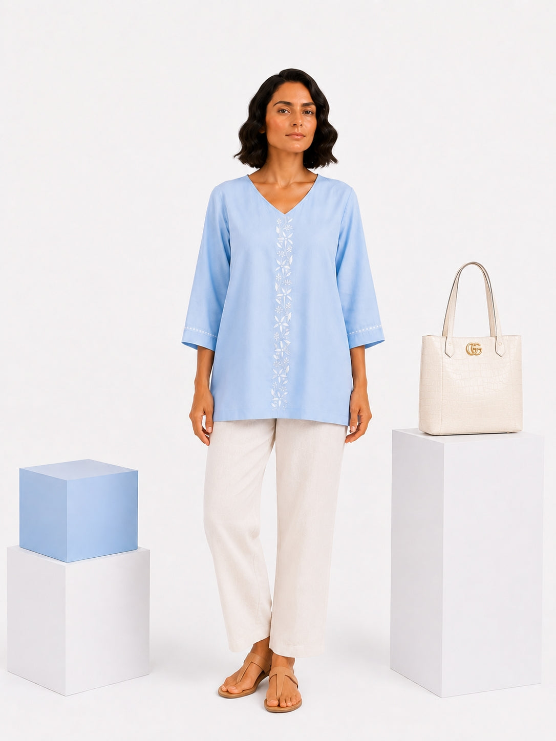 Gharana India Luxury Rayon Powder Blue Coloured Chikankari Top - Dista