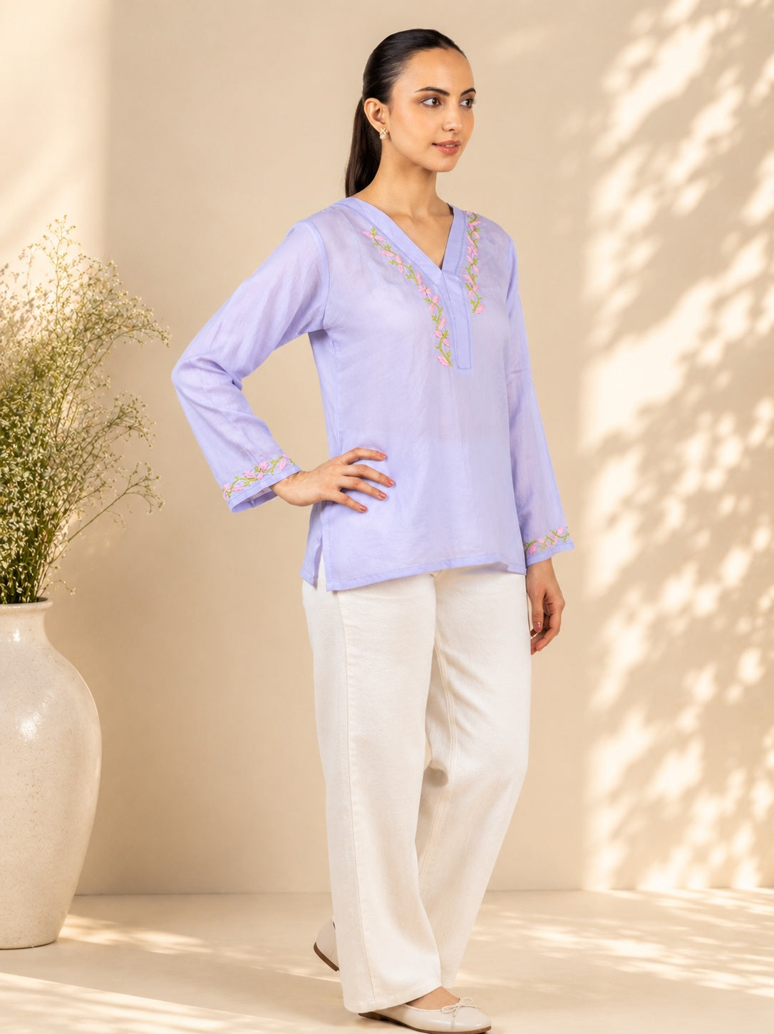 Gharana India Modal Lavender Top With Chikankari In Coloured Thread - Dista