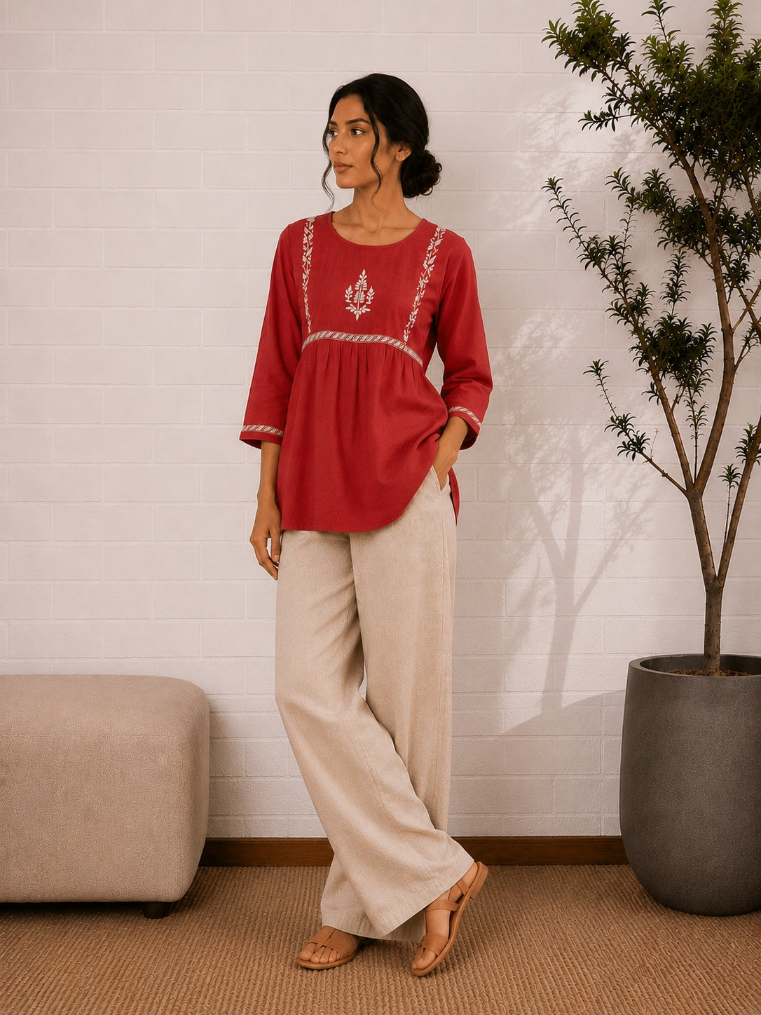 Gharana India Saheba Chikankari Red Cotton Top - Dista