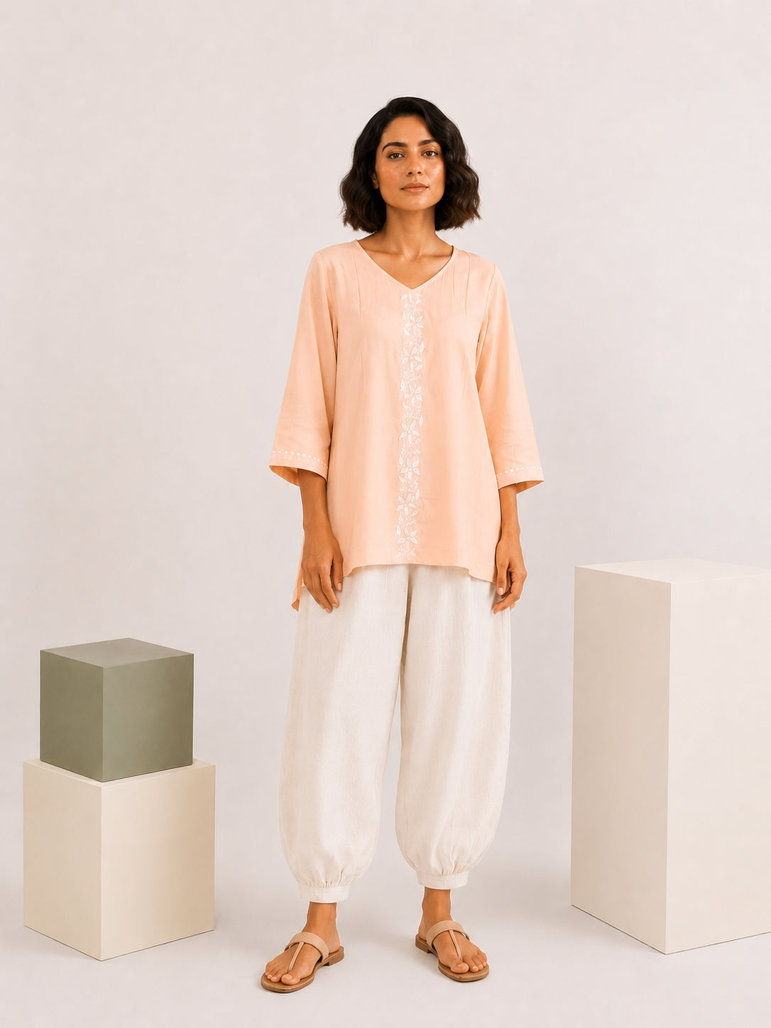 Gharana India Luxury Rayon Peach Coloured Chikankari Top - Dista