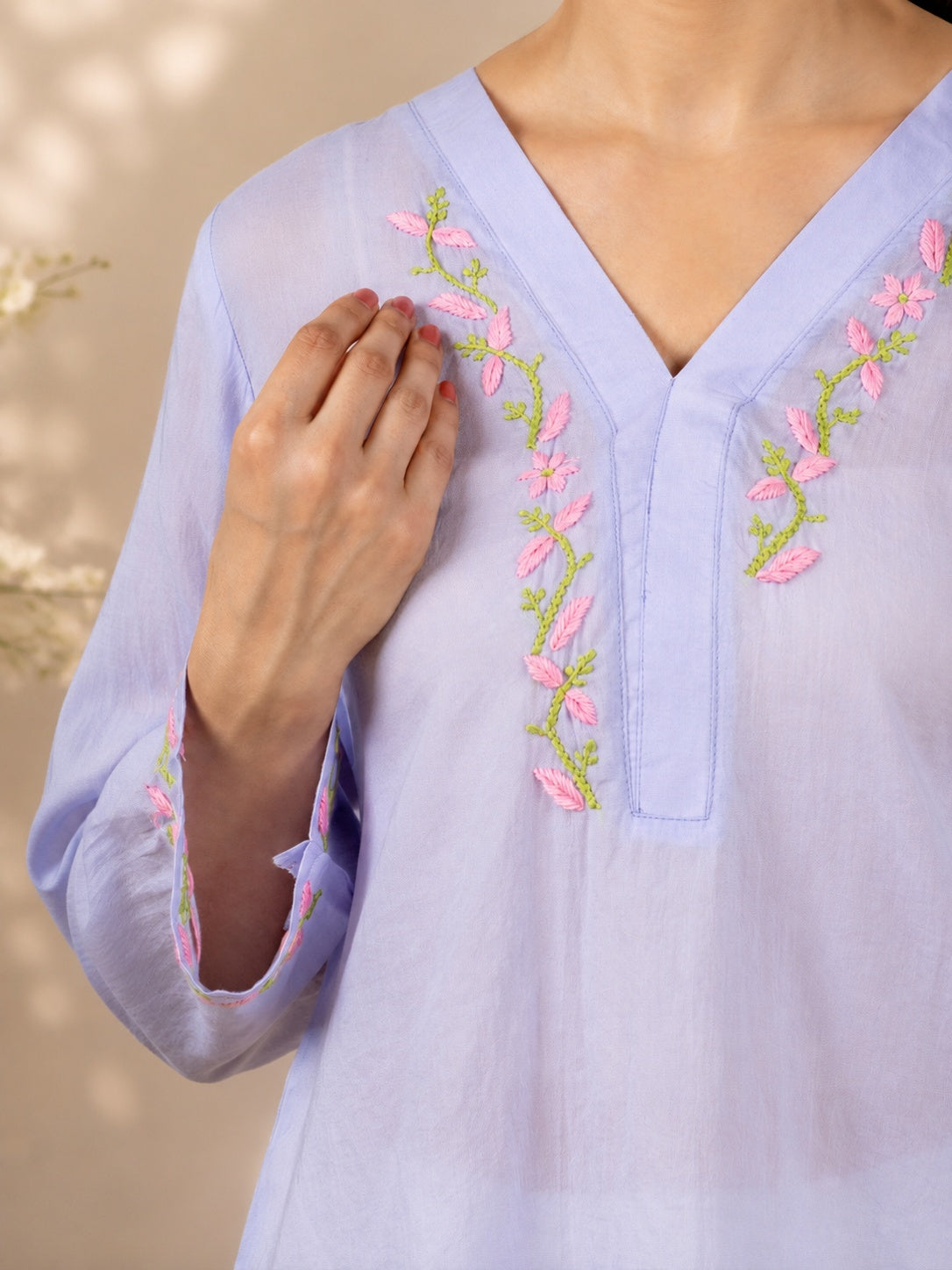 Gharana India Modal Lavender Top With Chikankari In Coloured Thread - Dista